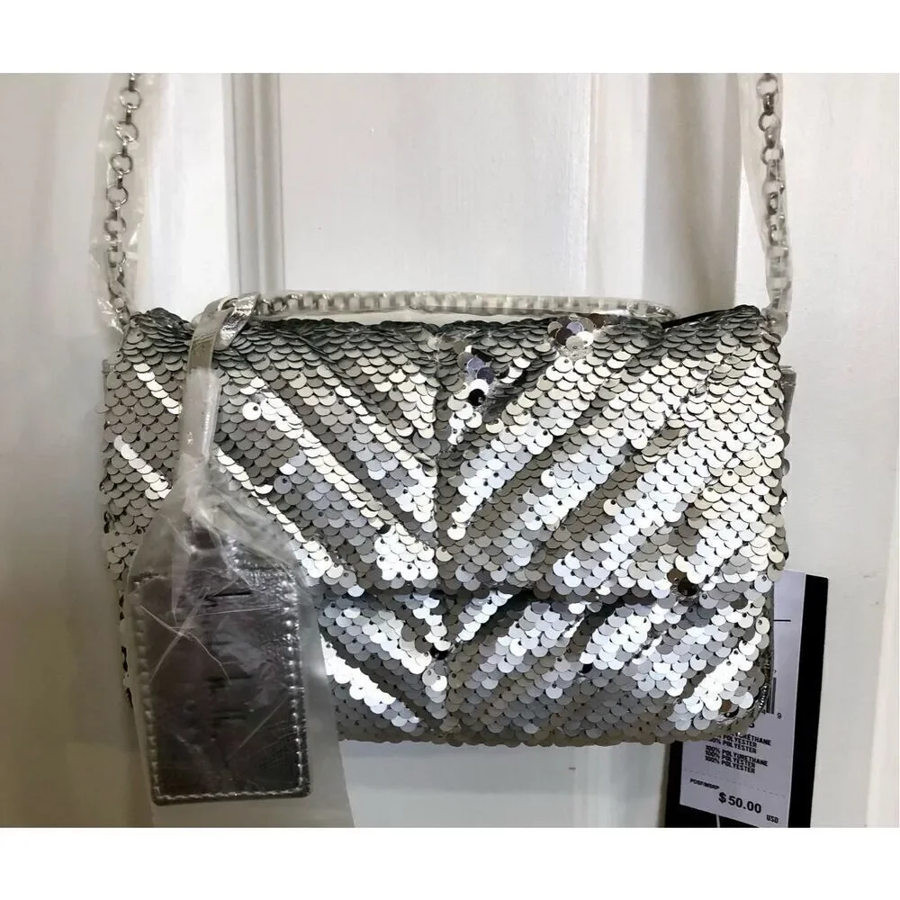 NICOLE MILLER - NWT - Silver Sequined & Vegan Leather Evening Bag. SPARKLY! ♥️
